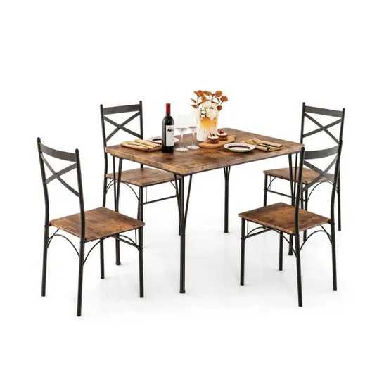 BOXED 5 PIECE DINING TABLE SET FOR 4 WITH BACKREST AND METAL FRAME - BROWN