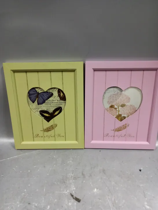 BOX OF APPROXIMATELY 12 DECORATIVE PHOTO FRAMES IN GREEN AND PINK