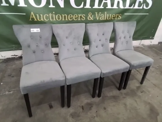 SET OF FOUR DESIGNER KENSINGTON UPHOLSTERED RING BUTTONED BACK DINING CHAIRS ON SILVER LEGS PLUSH SILVER FABRIC 