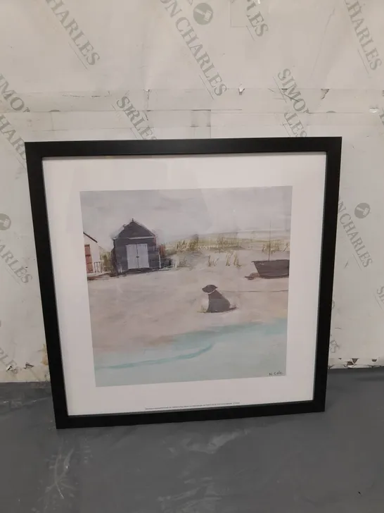 HANNAH COLE MULTI BEACH HUT & DOG FRAMED PRINT (40x40cm)