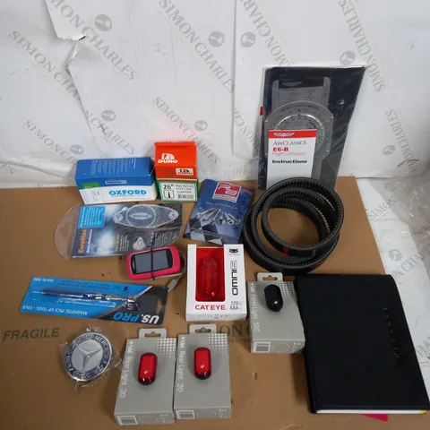 LOT OF ASSORTED VEHICLE ITEMS TO INCLUDE E6-B FLIGHT COMPUTER, PICK UP TOOL AND OXFORD STANDARD TUBE