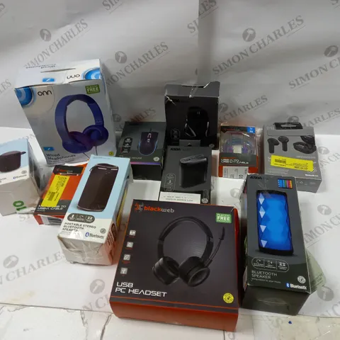 BOX OF ASSORTED ELECTRICAL ITEMS TO INCLUDE HEADPHONES, SPEAKERS AND MOUSES