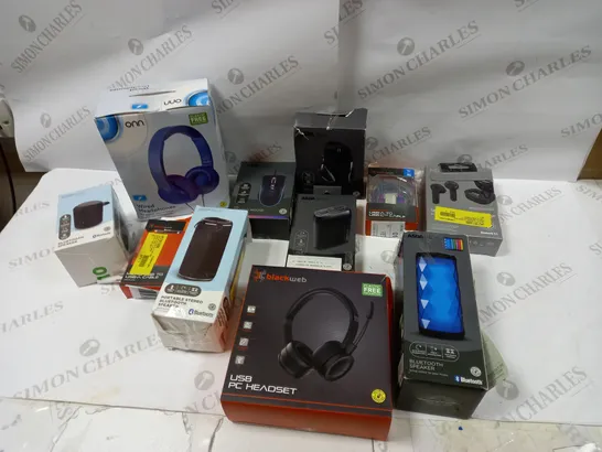 BOX OF ASSORTED ELECTRICAL ITEMS TO INCLUDE HEADPHONES, SPEAKERS AND MOUSES