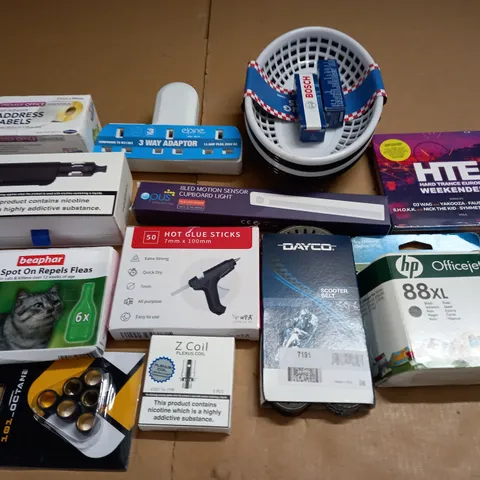 LOT OF ASSORTED HOUSEHOLD ITEMS TO INCLUDE DAYCO SCOOTER BELT, HP PRINTER INK AND INNOKIN EZ.WATT