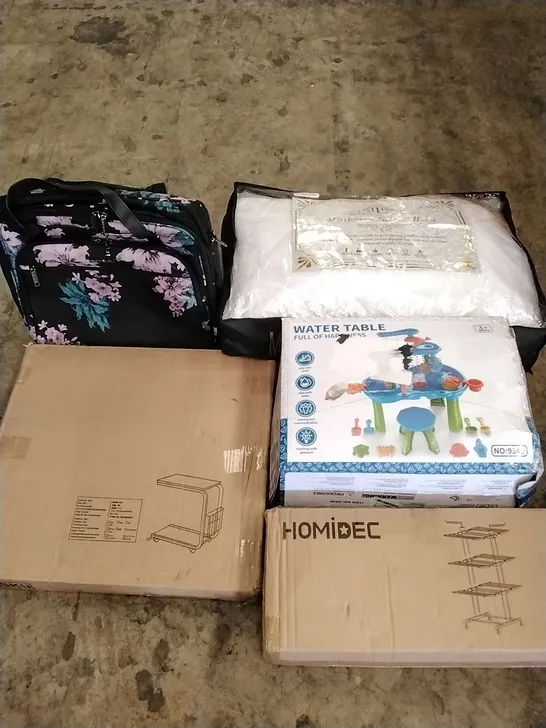 A PALLET OF VARIOUS ITEMS TO INCLUDE. CLOTHES AIRER, LAPTOP DESK, HANDBAG, KIDS WATER TABLE AND PILLOWS