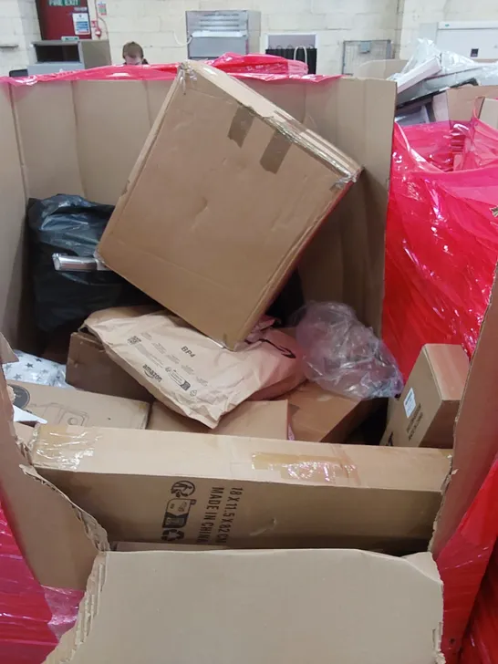 PALLET OF ASSORTED HOUSEHOLD ITEMS AND CONSUMER PRODUCTS. INCLUDES; INDUCTION HOB, BABY PLAYPEN, ROLLER BLIND, PURIFIER AND HEATER FAN, BOXED FURNITURE ETC 