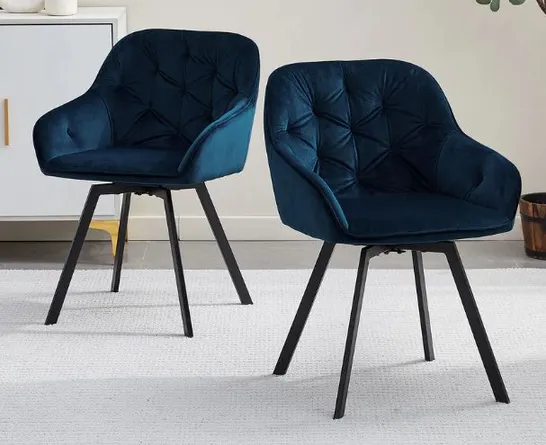 BOXED GARVIES SET OF TWO BLUE VELVET SWIVEL DINING CHAIRS