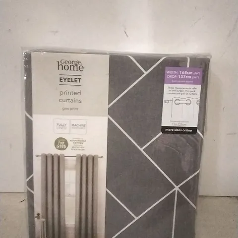 PACKAGED GEORGE HOME EYELET GREY GEOMETRIC PRINT CURTAINS SIZE: 168CM X 137CM