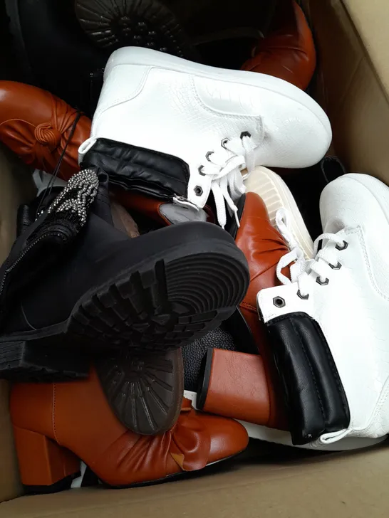 BOX OF APPROXIMATELY 10 ASSORTED PAIRS OF SHOES IN VARIOUS SIZES, COLOURS AND STYLES