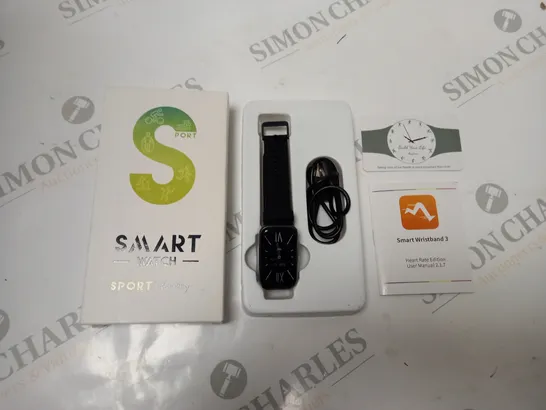 BOXED SPORT SMART WATCH IN BLACK, WITH USB CABLE AND INSTRUCTIONS