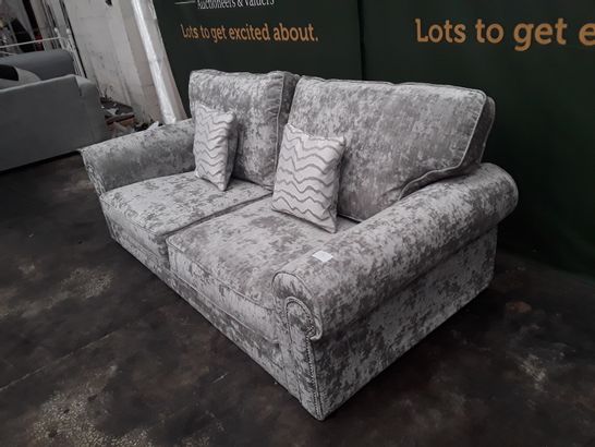 QUALITY SILVER FABRIC THREE SEATER SOFA WITH BOLSTER CUSHIONS