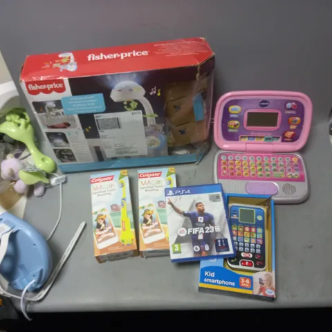 LOT CONTAINING AN ASSORTMENT OF CHILDRENS ITEMS TO INCLUDE: MAGIK TOOTHBRUSHES, VTECH KIDS LAPTOP, KIDS SMART PHONE, ELECTRONIC BABYS MOBILE ETC.