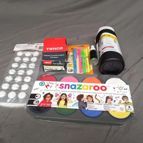 LARGE QUANTITY OF ASSORTED HOUSEHOLD PRODUCTS AND ACCESSORIES TO INCLUDE; BIC HIGHLIGHTER PENS, TIMCO METAL CONSTRUCTION SCREWS, MIMAKI UV INK AND SNAZAROO FACE PAINT PALETTE