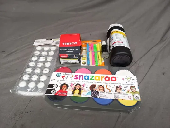 LARGE QUANTITY OF ASSORTED HOUSEHOLD PRODUCTS AND ACCESSORIES TO INCLUDE; BIC HIGHLIGHTER PENS, TIMCO METAL CONSTRUCTION SCREWS, MIMAKI UV INK AND SNAZAROO FACE PAINT PALETTE