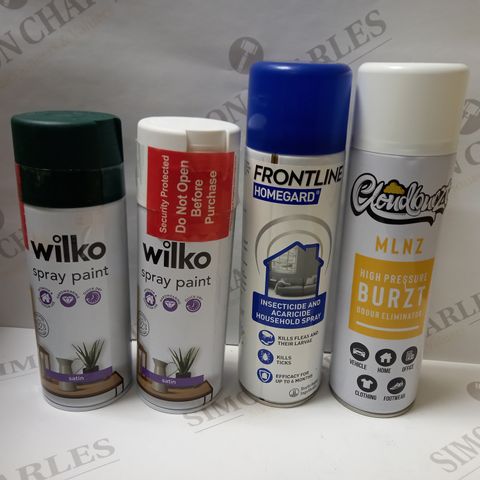 BOX OF APPROX 10 ASSORTED AEROSOLS TO INCLUDE WILKO SPRAY PAINT, CLOUDBURZT SPRAY PAINT, FRONTLINE HOME GUARD INSECTICIDE SPRAY