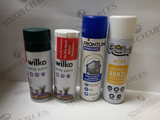 BOX OF APPROX 10 ASSORTED AEROSOLS TO INCLUDE WILKO SPRAY PAINT, CLOUDBURZT SPRAY PAINT, FRONTLINE HOME GUARD INSECTICIDE SPRAY