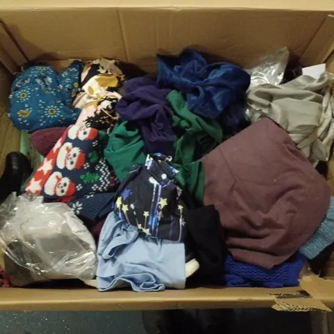 BOX TO CONTAIN APPROX. 50 X ASSORTED CLOTHING AND FOOTWEAR PRODUCTS. INCUDES A LARGE NUMBER OF CLOTHES & A FEW PAIRS OF HEAVILY USED SKETCHERS // COLLECTION ONLY