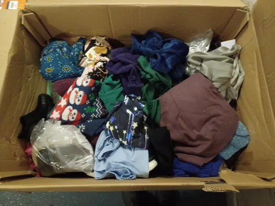 BOX TO CONTAIN APPROX. 50 X ASSORTED CLOTHING AND FOOTWEAR PRODUCTS. INCUDES A LARGE NUMBER OF CLOTHES & A FEW PAIRS OF HEAVILY USED SKETCHERS // COLLECTION ONLY