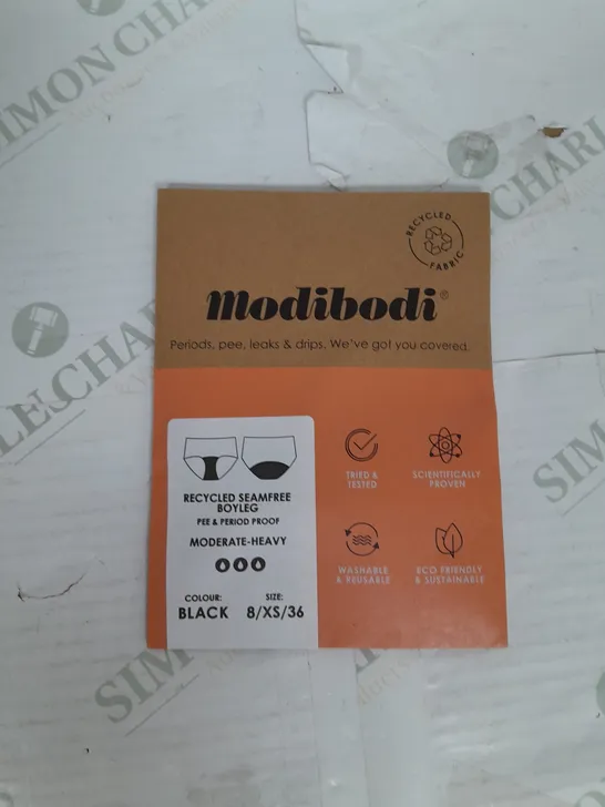 MODIBODI PERIOD UNDERWEAR RECYCLED SEAMFREE BOYLEG MODERATE-HEAVY IN BLACK SIZE 8/XS RRP £125