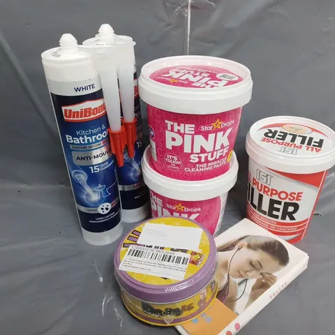 APPROXIMATELY 15 ASSORTED PRODUCTS TO INCLUDE THE PINK STUFF THE MIRACLE CLEANING PASTE, 151-ALL PURPOSE FILLER, UNIBOND KITCHEN & BATHROOM SANITARY SILICONE SEALANT