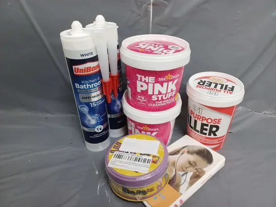 APPROXIMATELY 15 ASSORTED PRODUCTS TO INCLUDE THE PINK STUFF THE MIRACLE CLEANING PASTE, 151-ALL PURPOSE FILLER, UNIBOND KITCHEN & BATHROOM SANITARY SILICONE SEALANT