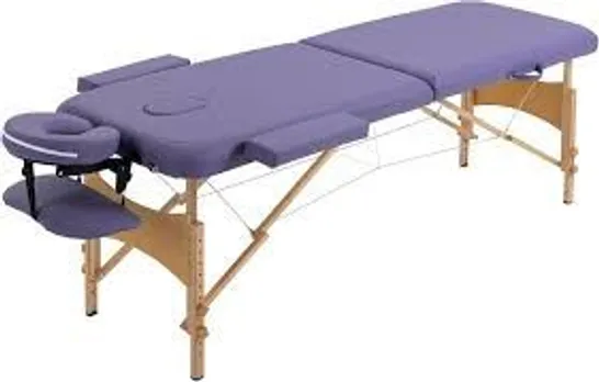 BOXED HOMCOM PORTABLE MASSAGE BED, FOLDING SPA BEAUTY MASSAGE TABLE WITH 2 SECTIONS, CARRY BAG AND WOODEN FRAME, PURPLE