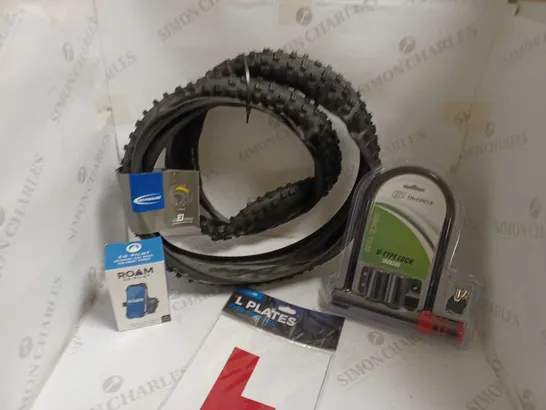 BOX OF APPROX 30 ASSORTED ITEMS TO INCLUDE ROAM MOBILE PHONE HOLDER,, TRICIRCLE BIKE LOCK AND BICYCLE TYRES