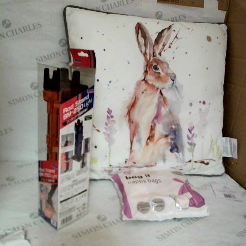 LOT OF APPROXIMATELY 40 ASSORTED HOUSEHOLD ITEMS TO INCLUDE: A BUNNY RABBIT, NAPPY BAGS AND A ROD STAND LIGHT